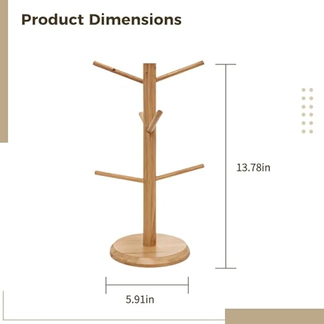 Kitchen Organizer Space-Saving, Coffee Cup Holder Wooden Freestanding, Kitchen Countertops Wood Color, Mug Tree Coffee with Six Hooks