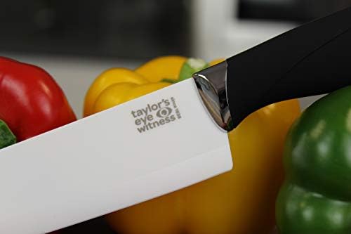 Ceramic Blade Chefs Knife with Sheath - by Taylors Eye Witness. 6 Inch/15 cm. White Zirconia Ceramic Blade with Black Soft Grip Handle. Corrosion/Rust Resistant. Stays Sharp far Longer Than Steel.