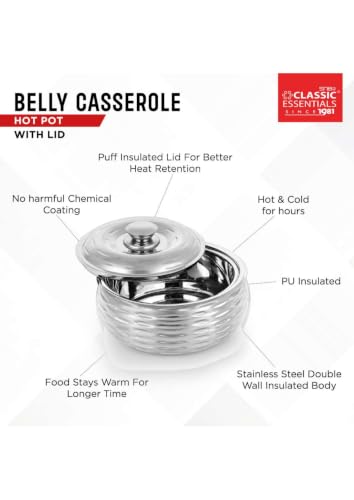 Image of CLASSIC ESSENTIALS Double Wall Insulated Stainless Steel Ripple Casserole 1500 ml | Hot Pot Food Storage & Serving Bowl | Thermal Belly Casserole for Roti, Rice, Dal, Curry & Meals