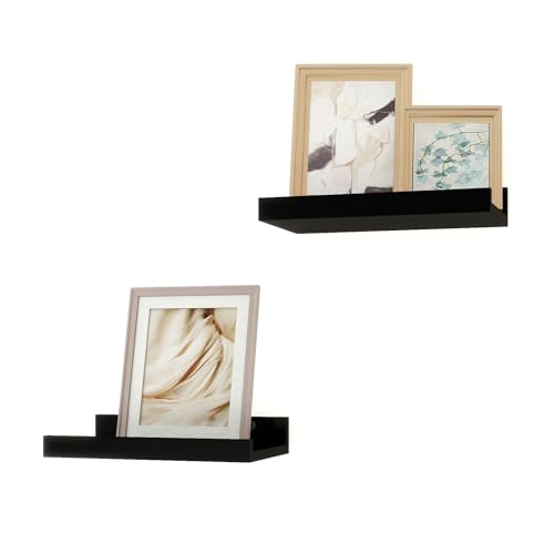 Image of Small Black Floating Shelves for Wall, Shelf with Lip Set of 2, 8 in | Mini Display Ledge Shelf for Wall Decor, Wall Mounted Wood Shelves for Bedroom, Bathroom, Living Room, Kitchen, Nursery Room
