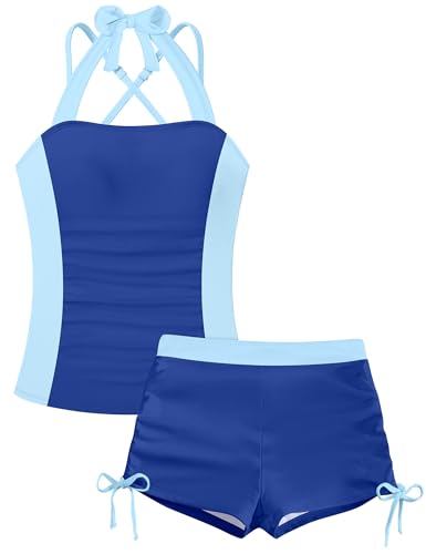 Image of Girls Bathing Suits Size 8-10 Girls Size 10 Swimsuit Halter Color Block Ruched Girl Bathing Suit 2 Piece for Kids with Side Drawstring Shorts and Adjustable Criss-Cross Straps Royal Blue