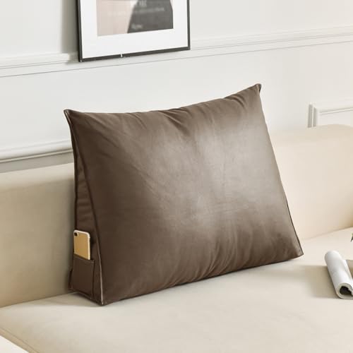 Treer Almohada Triangular Grande con Cuña Triangular para Respaldo, Almohada de Lectura de Cabecera, Cojín de Apoyo Lumbar, Cojín de Posicionamiento de Piel Sintética (marrón,120x50x20cm)