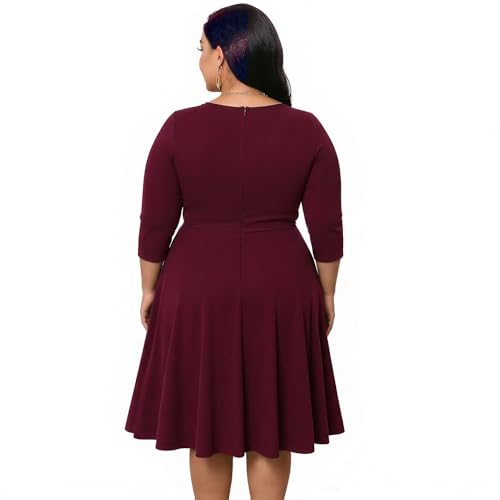 Image of Womens Plus Size Dresses Faux Wrap Summer Dress 3 /4 Sleeves V Neck 1950s Retro Vintage Wedding Party Midi Dress