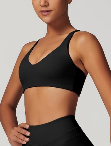 Image of ABOCIW Womens V Neck Twist Back Sports Bra Padded Low Impact Fitness Yoga Bra Workout Crop Top