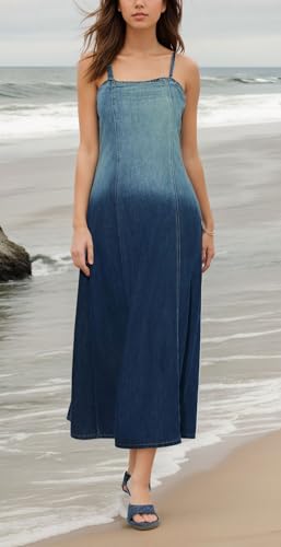 CHARTOU Women Flowy Denim Dress Spaghetti Straps Back Smocked Gradient Jean Beach Vacation Long Dress Going Out2