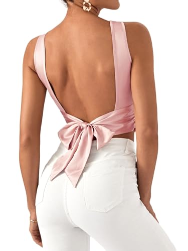 SHENHE Women's Satin Crop Top Ruched Tie Bow Tops Sexy Boat Neck Open Back Sparkle Silk Blouse Going Out