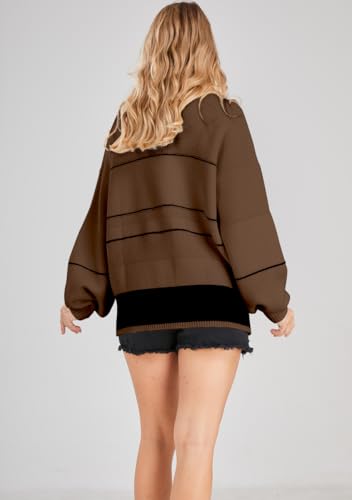Image of chouyatou Women's Slouchy Waffle Knit Sweater 1 /2 Button Polo Collared Pullover Striped Sweater Tops