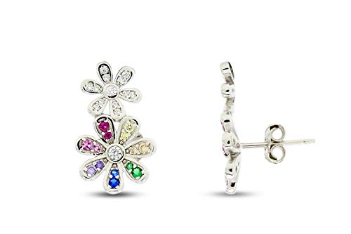 14k White Gold Plated 925 Sterling Silver Colourful Rainbow Cubic Zirconia Tiny Dainty Daisy Flower Stud Earrings Jewelry Gift for women