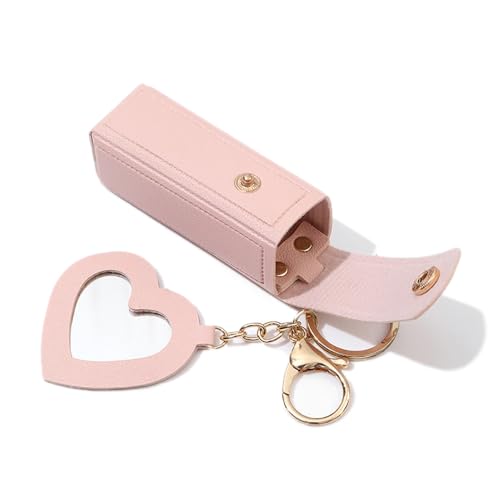 RUIXIAOXI PU Leather Chapstick Holder Keychain with Heart Mirror Potable Lipstick Organizer Lip Gloss Case Lip Balm Pouch Key Chain for Women Girls (Pink)