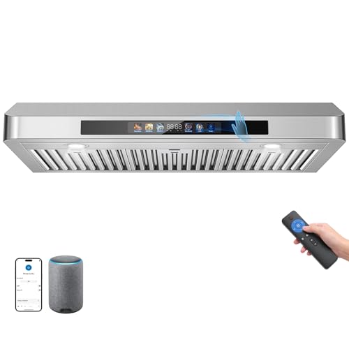 Image of Tieasy 36 Inch Under Cabinet Range Hood, 900 CFM Kitchen Vent Hood with 4-Speed Dual Motor Stove Hood, Smart WiFi Voice /Gesture /Remote /Touch Controls, Memory Function, Baffle Filters, Color Display