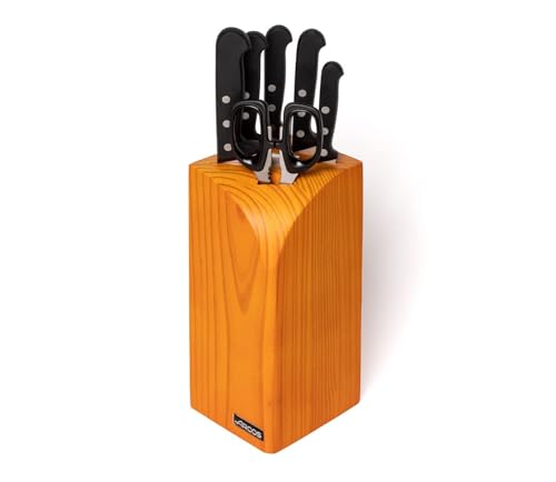 Arcos Conjunto Cuchillos 6 piezas Acero Inoxidable Nitrum. 3760 gr. Bloque madera pino. Mango ergonómico polioximetileno POM. Serie Universal. Mayor control. Color negro.