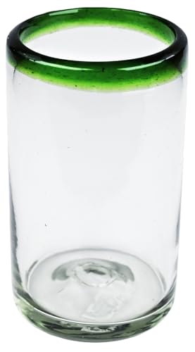 Tumblers, Green Rim, Set of 4, 16 oz, Hand Blown by Mexican Artisans from 100% Recycled Cola Bottles, Eco-Friendly, Sustainable, Expert Craftsmanship, passed down through Family Generations