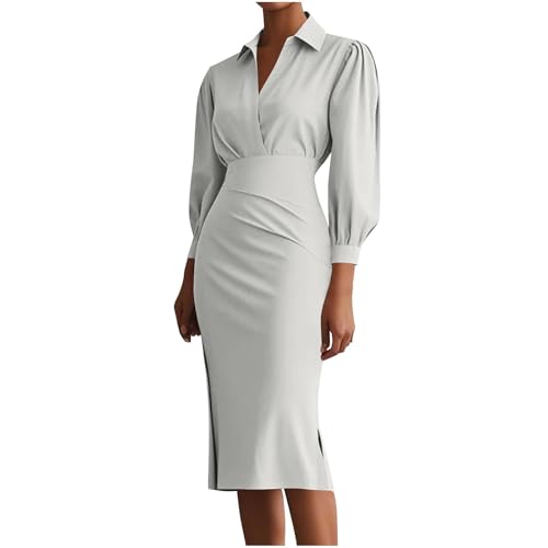 Women Fashion Solid Color Long Sleeve V Neck Knee Business Length Dress, Long Sleeve Bodycon Midi Dress, Office Lady Dresses (Light Gray,XX-Large)