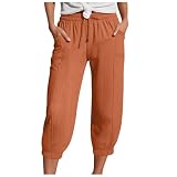 3/4 Pantalón Fluido Mujer Verano Ligero Capri Pantacourt Lino Elástico Pantalones Cordón Deportivo Casual Yoga con Bolsillos para el uso diario y las vacaciones en la playa, Naranja #1, XL
