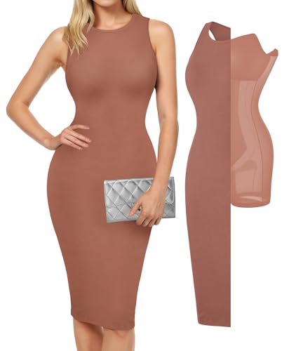 Image of Popilush Women's Bodycon Dress Ruched Sleeveless Slimming Shapewear Casual Club Evening Party Cocktail Midi Fall Dresses