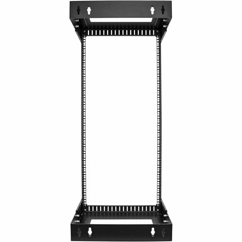 Image of StarTech 24U 2-Post Wall Mount Open Frame Rack, 19in (RACK-24U-20-WALL-OA) | Adjustable depth 12-20in, 2.0mm SPCC cold-rolled steel, M6 cage nuts and screws, Heavy-duty 90kg capacity