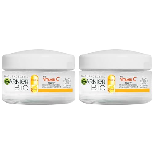 Garnier Tagespflege mit Vitamin C für einen strahlenden Teint, Belebende und straffende Feuchtigkeitscreme gegen müde und unebenmäßige Haut, Bio Glow, 50 ml (Packung mit 2)