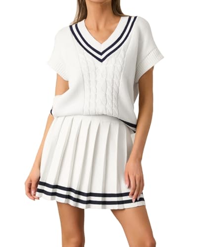 Image of Women 2 Piece Skirt Sets Summer Short Sleeve Cable Striped Knit Tops and Pleated Mini Skirt Two Piece Outfits