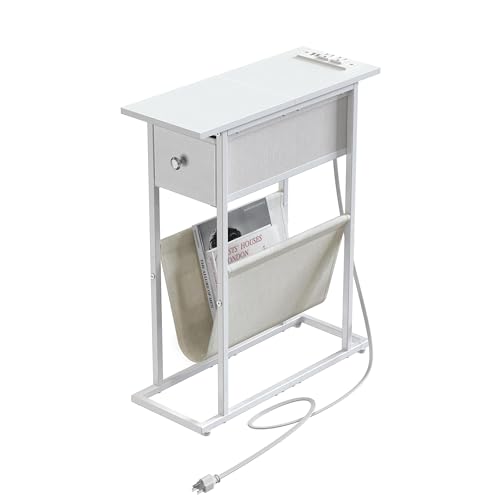 Image of EXOTICA Narrow Side Table for Small Spaces Slim White End Table with Magazine Holder Nightstand with Charging Station and Fabric Drawer 2 in 1 Design Sofa Side Table for Living Room Bedroom
