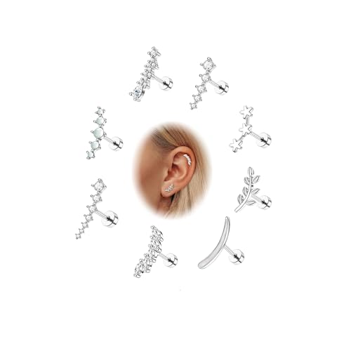 YADOCA 8 Piezas 16G Helix Piercing para Mujer Piercings Oreja Acero Quirúrgico Tragus Cartílago Pendiente Ópalo CZ Barra de Hoja Concha Daith Tragus Piercing Joyería Plata