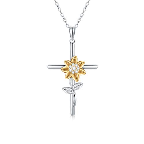 SISGEM Sunflower Cross Necklace for Women Girlfriend,10K Real Gold Cross Pendant Necklace|You are My Sunshine Jewelry Gifts for Christmas Birthday (White-Yellow)