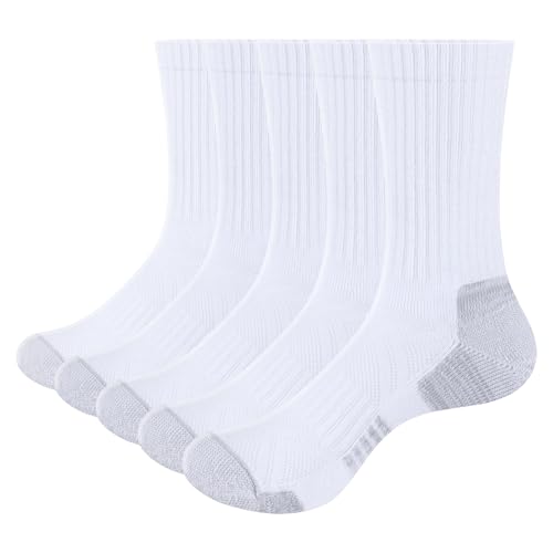 YUEDGE Ladies White Cushioned Crew Sports Socks for Women 4-7 Sweat Wicking Cotton Casual Work Everyday Gym Tennis Training Athletic Socks 5 Pairs