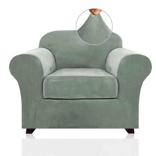 PrinceDeco Velvet Plush Couch Cover Stretch 2 Piece Chair Cover Chair Slipcover Washable Furniture Protector Couch Soft with Elastic Bottom Armchair Cover Width Up to 49 Inch(Small, Seagrass)