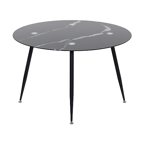 MOG CASA Mesa de Comedor Fija Redonda Corin | 120 x 120 x 75 cm | Ideal para Cocina o Salón | Ideal para 4 a 6 Personas | Tablero con Efecto Mármol Negro | Patas de Metal en Negro