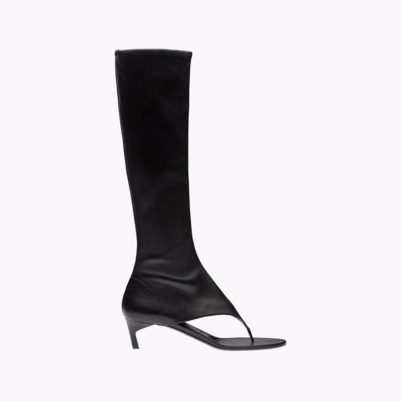 Womens Open Toe Thong Knee High Boots with Zipper Stretch Fabric and Kitten Low Heel Tall Sandal Boots3