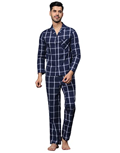 Image of B STORIES Men's 100% Cotton Full Sleeve PJ Set - Checkered Nightwear Set | Soft Loungewear | Comfortable Sleepwear | Stylish Casual Home Wear Shirt & Pant (S-XXL)