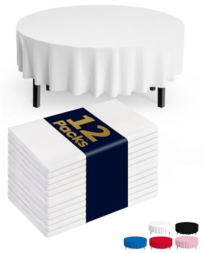Pureegg Plastic Table Cloth Disposable 12 Pack, 84'' Round Table Cloths, Party, Picnic, Wedding, Decorative Tablecloths, Round, White Plastic Cover, Leakproof & Sturdy, White