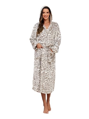 Image of RONGTAI Womens Robes Plush Fleece Hooded Bathrobe Thick Nightgown with Pockets Fluffy Sleepwear (US, Alpha, Small, Plus, Long, Brown Leopard)