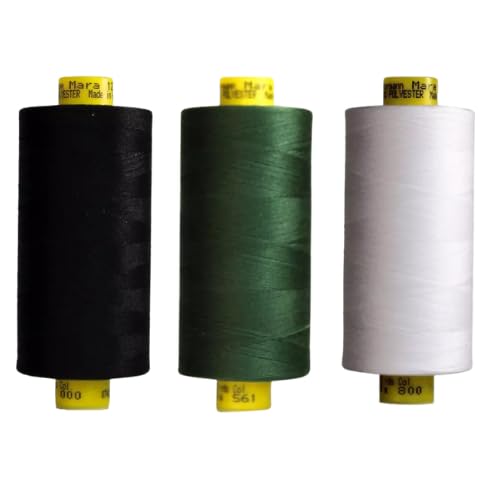 Gutermann Mara 120 Sewing Thread – 3 x 1000m Spools – Black, White & Green (Various Shades) – Strong Polyester Thread for Sewing Machines & Hand Stitching (Black,White,561)