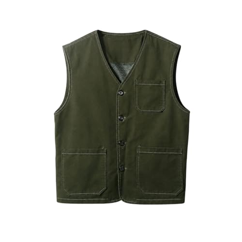 Gilet de travail homme coton délavé multi-poches sans col à boutons