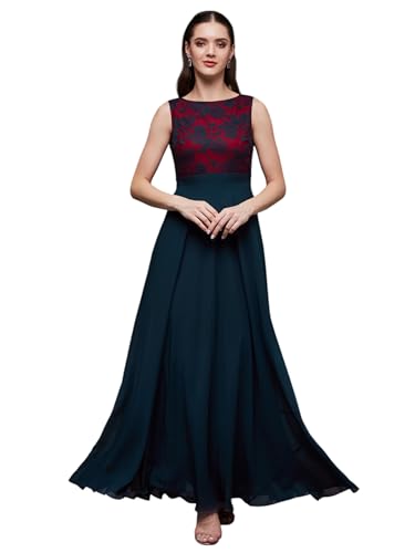 Image of Miss Chase Women's Round Neck Sleeveless Floral Lace Fit & Flare Maxi Dress