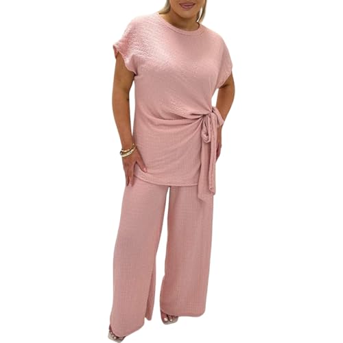 Survêtement d'été 2 pièces rose en étamine texturée fluide FASHIONISM taille unique