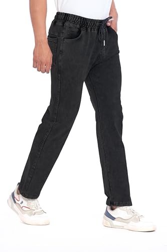 Image of Men's Denim Joggers, Regular Fit, Mid Rise, Stretchable Cotton Blend, Drawstring Waist, Soft Fabric, Multiple Pockets, Tapered Leg Casual Pants