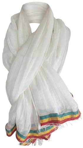 Handwoven Ethiopian Netela (ነጠላ) - White Cotton Shawl with Traditional Green Yellow Red Border | Unisex Cultural Wrap for Ceremonies & Events | Lucy Origins