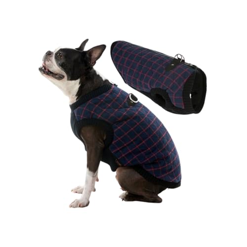 Image of Gooby Fashion Vest Check Dog Jacket, Navy Check, X-Small | Checkered quilted bomber, water-resistant; Stretch knit bottom; Dual D-ring leash; Pain-free zipper guard