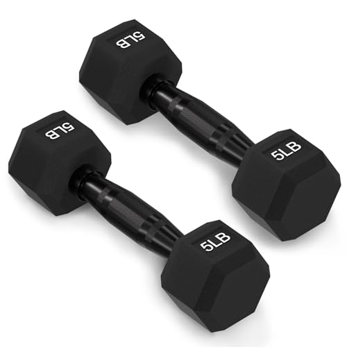 Fitvids Rubber Encased Exercise & Fitness Hex Dumbbell, Hand Weights with Anti-Slip Metal Handle for Home Gym, Multiple Sizes
