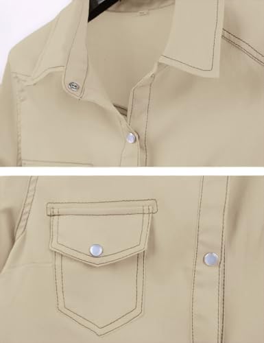 Image of Omoone Wome Crop Modern Denim Top Tie Knot Shirt Chambray Cardigan | Roll Up 3 /4 Sleeve, Button Down, Tie Front Blouse, Western Cowgirl Jean Shirts