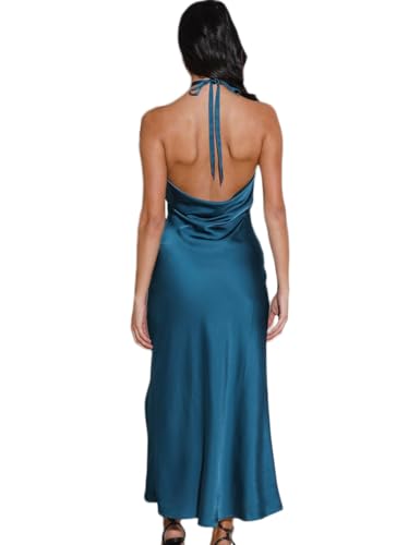 2025 Summer Satin Halter Neck Backless Slit Midi Dresses Elegant Cowl Back Ruched Wedding Guest Maxi Dress for Women2