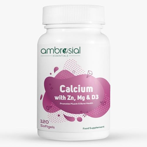 Ambrosial Calcium Magnesium Zinc with Vitamin D3 - High Potency Supplement for Bone Health, Muscles & Teeth - Highly Bioavailable Calcium Citrate Formula (Pack of 1-120 Softgels)
