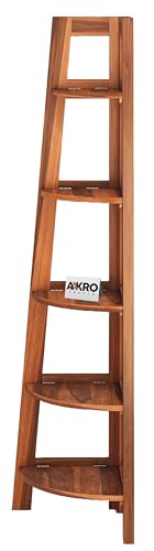 Image of Sheesham Wood Corner Shelf for Living Room Bedroom Home | 5 Tier Corner Bookshelf | Wooden Ladder Bookcase Display Unit (Honey Finish)