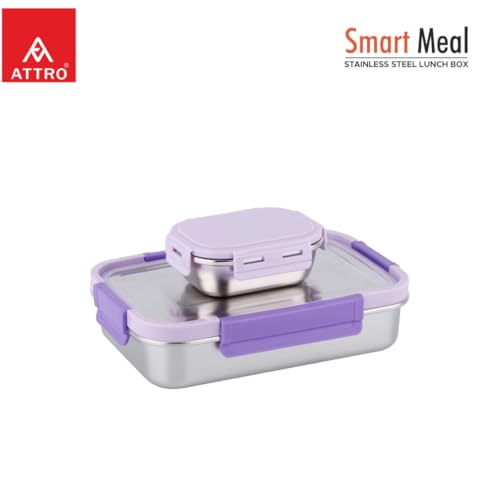 Image of ATTRO Smart Meal Medium Stainless Steel Lunch Box with 1 Small Container Airtight Spill-Proof BPA Free Food Grade Ideal for Office, School, Picnic- Violet-800ml+170ml