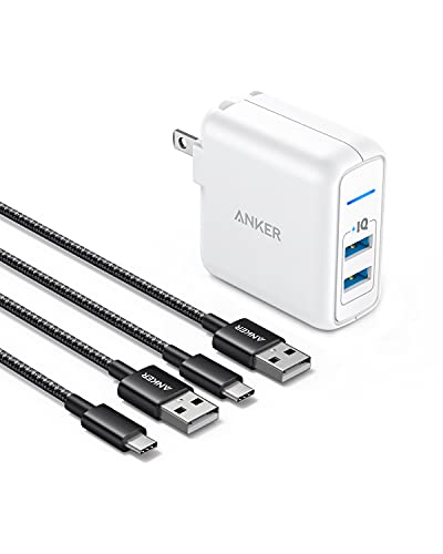 Anker Type C Charger Premium Nylon USB Cable [2-Pack, 6 ft] (Black) & Anker Elite Dual Port 24W Wall Charger