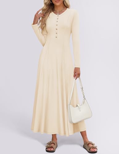 Image of ZESICA Women's Elegant Maxi Dresses 2026 Fall Long Sleeve Button Casual A Line Boho Flowy Dress with Pockets