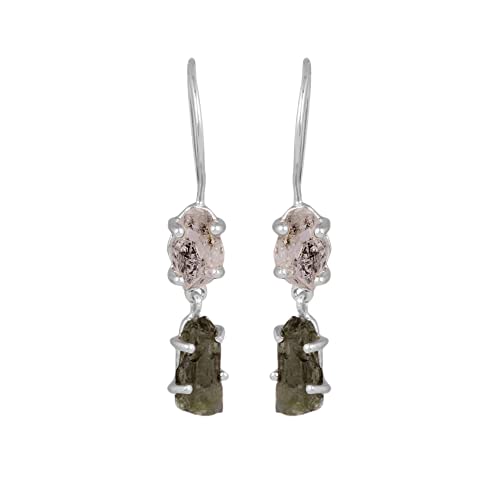 Certified Moldavite Rough with Herkimer Diamond 925 Solid Sterling Silver Handmade Designer Earring