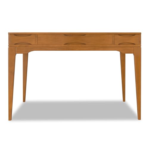 Image of SIMPLIHOME Harper Small Desk - 48 inch Wide Solid Hardwood Writing Desk in Honey Brown, Mid-Century Modern Home Office Table for Study or Work with 2 Drawers and Flip-Down Keyboard Tray