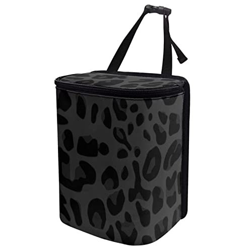 Image of Black Leopard Car Trash Can, Waterproof Car Garbage Can with Lid and Zip Clouse, Leak Proof Portable Car Trash Bag Hanging Vehicle Organizer
